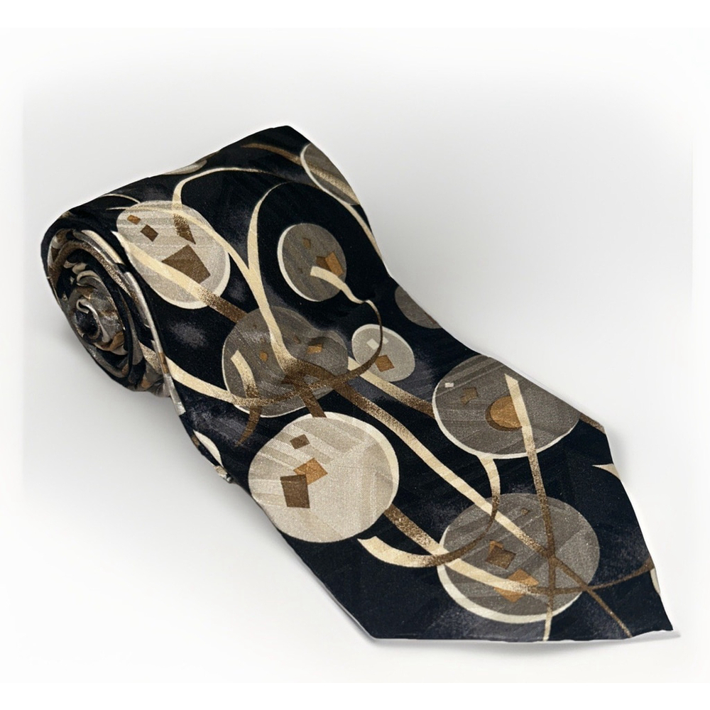 Screenplay By Martin Wong Silk Tie “ Bachrach” Black And Golds Abstract